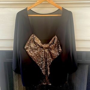 Open Back Sequin Bowed Sheer Blouse